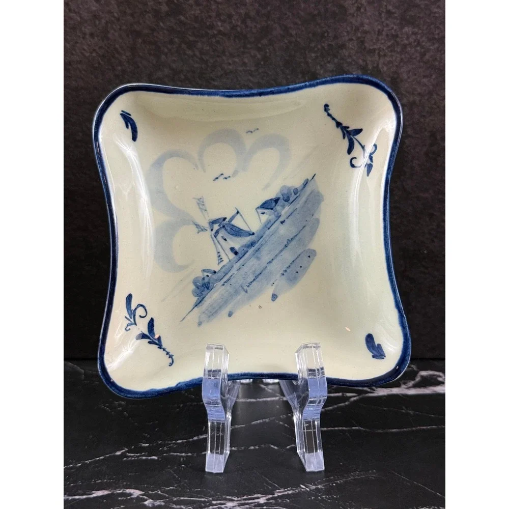 Vintage Delft Blue Ceramic Diamond Shaped 4in Trinket Dish Ashtray Windmill